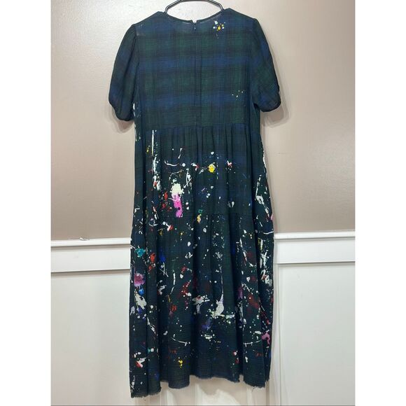 NWOT R13 Navy Plaid Paint Splatter Distressed Midi Dress Women's Medium - Picture 8 of 9